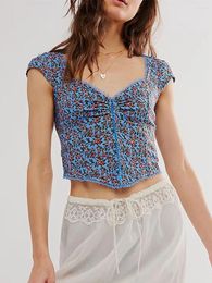 Women's T Shirts Women Y2K Floral V-neck Crop Top Slim Fit Cute Flower Bustier Tee Cap Sleeve Lace Trim Tank Going Out Tops Streewear