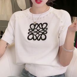 New design women o-neck short sleeve beading logo letter embroidery knitted designer tees SMLXL