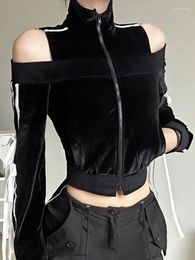 Women's T Shirts QWEEK Coquette Korean Stripped Off Shoulder Zipper Zip Short Hoodie Women Kpop Cropped Top 2024 Spring Lace-up Sweatshirt