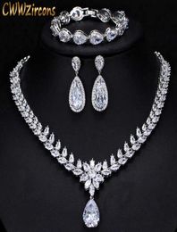 Elegant Women Wedding Jewellery African CZ Crystal Leaf Drop Bridal Necklace Bracelet and Earrings Jewellery Sets T294 2107146124311