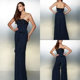 2020 Modest Jumpsuits Strapless Sleeveless Backless A Line Evening Crystal Sequins Bow Sash Formal Dresses Sweep Train Party Gowns 0508