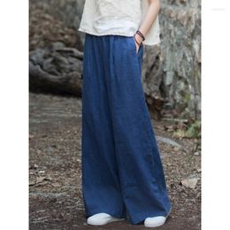 Ethnic Clothing Women Casual Linen Wide Leg Pants Elastic Waist Solid Color Trouser Spring 2024 Pockets Loose Vintage Long