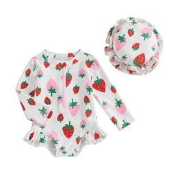 One-Pieces Baby Girl Rash Guard Swimsuit 1Piece Long Sleeve Swimwear Strawberry Zipper Ruffle Toddler Bathing Suit Beach Outfit H240508