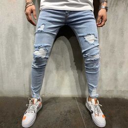 Men's Jeans Men Holes Skinny Jeans Trousers Stylish Strt Style Ripped Cotton Stretch Solid Slim Fit Denim Pants For Mens Y240507