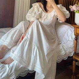 Women's Sleep Lounge Retro Summer Pure Cotton Evening Dress Princess Pajamas Womens Loose Short sleeved Evening Dress White Long Night DressL2405