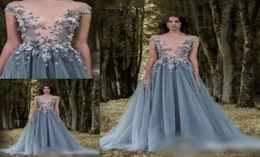 Amazing 3D Flower Applique Evening Gowns 2017 Sheer Neck Cap Sleeve Gray A Line Prom Dresses Sequins Beaded Tulle Floor Length For6007840