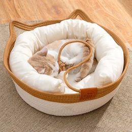 Cat Beds Furniture Pet cat mat dog bed sofa hand woven comfortable all season nest basket waterproof detachable mat sleeping room d240508