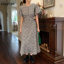 Party Dresses Neploe Japanese College Style Plaid Dress 2024 Summer Chic Niche Vintage O-Neck Cut Open Waist Drawstring Puff Sleeve Robes