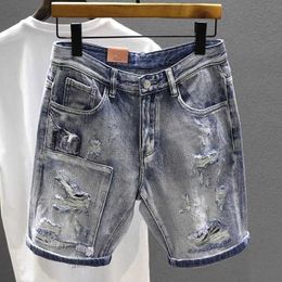 Men's Shorts Long tear mens denim shorts with half knee length sales button blue Korean fashion suitable for mens shorts trend pocket 2023 J240507