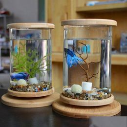 Aquariums 360 Degree Rotating Glass Betta Fish Tank Bamboo Base Mini Decoration Rotate Bowl Aquarium Accessories For Office253H Drop Dhdxw