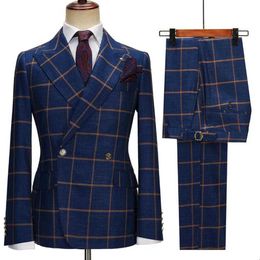 Men's Suits Blazers Cheque Plaid Mens Formal Party Fashion Wedding Groom Evening Dress Peaked Flip Collar Business Visitors Jackets and Pants 2PC Q240507
