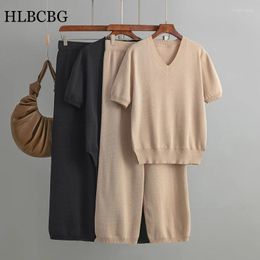 Women's Two Piece Pants HLBCBG Summer Cool Knitted Trousers Suit Loose Short Sleeve Knitting Wide Leg Sets Female Casual Suits