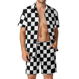 Men's Tracksuits Classic Cheque Print Men Sets Black And White Casual Shirt Set Cool Vacation Shorts Summer Pattern Suit 2 Piece Clothes Plus