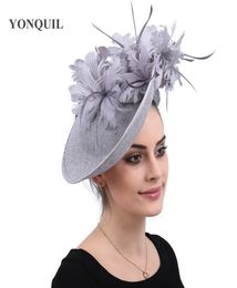 Imitation sinamay derby women fascinator bridal hair fascinators feather fancy grey millinery caps with headbands accessories 7581296