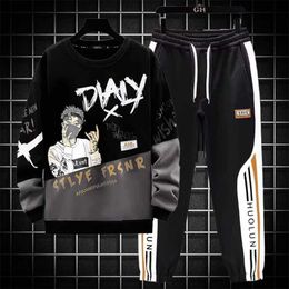 Men's Tracksuits Summer mens clothing Japanese cartoon printed T-shirt and sports pants two-piece set street fashion mens clothing 2023 new modelL2405