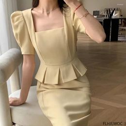 Party Dresses M-4XL Chic Elegant Annual Meeting Faux Two Ruffles Shirt Dress Women Solid Square Neck French Design Long Split Vestidos