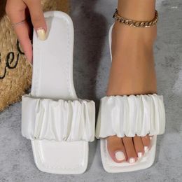 Slippers Summer For Women Pleated Flip Flops Flats 2024 Korean Sandals Green Slip On Shoes Big Size 36-42