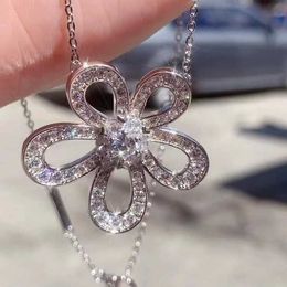 Brand 925 sterling silver Van sunflower necklace plated with 18K white gold full diamond flower pendant large and collarbone chain in high version