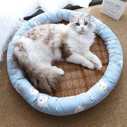 Cat Beds Furniture Summer Cat Bed Round Ice Silk Cool Pet Mat Comfortable Kitten Small Dogs Sleeping Bed Cat Nest Sofa Cooling Rattan Pet Matress d240508