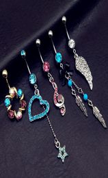 5pcs mix style vintage blue Turquoise wings note star bow long dangle navel belly bar button rings body piercing jewelry1358331