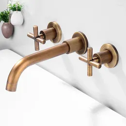 Bathroom Sink Faucets Bronze Brass Material Double Cross Handle Three Hole Wall Mounted Basin