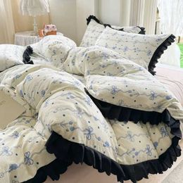 Bedding sets Instagram Korean style small fresh blue bow lace four piece set washed bubble cotton quilt cover bed sheet 3-piece set J240507