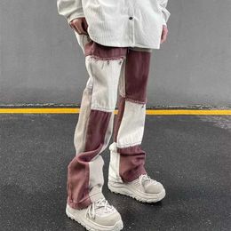 s 2022 New Fashion Brown Patchwork Grunge Baggy Men Jeans Trousers High Street Loose Straight Hip Hop Women Denim Pants Pantalones J240507