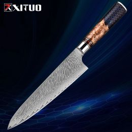 Damascus chef knives, 8 inch professional kitchen knife, beautiful Ink Blue Resin Honeycomb Handle chef knife durable sharp blade
