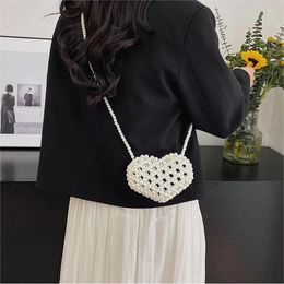 Evening Bags Fashion Pearl Bag Heart Shaped Hollow Women's Handbag Mini One Shoulder Crossbody Knitted Mobile Phone Zero Wallet