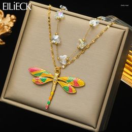 Pendant Necklaces EILIECK 316L Stainless Steel Colourful Enamel Dragonfly Necklace For Women Girl Fashion Crystal Chain Jewellery Gift Party