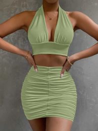 Two Piece Dress Ruched White Backless 2 Pieces Skirts Halter Neck Dp VNeck Open Back Slveless Dress Bodycon Women Party Tight Short Dresses Y240508