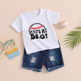Clothing Sets Infant Boys Summer Outfits Letter Baseball Print Short Sleeve Crew Neck T-Shirts And Ripped Denim Shorts 2Pcs Clothes Set