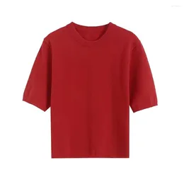 Women's T Shirts 2024ZAR Spring/Summer Casual Minimalist Round Neck Soft Glutinous Wool Blended Short Sleeved Knitwear
