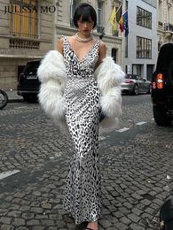 Casual Dresses Elegant Deep V Neck Backless Slim Evening Long Dress Women Sexy Leopard Print Slip Maxi Party Clubwear 2024