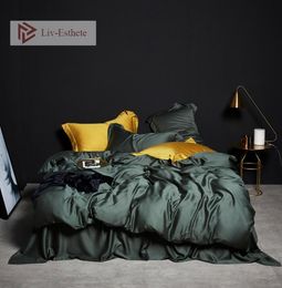 LivEsthete Deep Sleep Green 100 Silk Bedding Set Queen King Solid Colour Duvet Cover Bed Sheet Flat Sheet Pillowcace Bed Set T2005175954