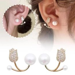 Stud Earrings Fashion Zircon Tulip Flower Pearl For Women Korean Luxury Back Hanging Earring Girls Exquisite Jewellery Gi O3Z2