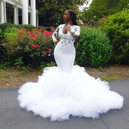 African Plus Appliques Lace Mermaid Size Dresses Tiered Ruffles Wedding Dress Long Sleeves Bridal Gowns Vestidos De Novia