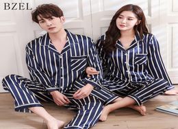 BZEL Silk Satin Pyjamas Sets Couples Sleepwear Striped Pijama Femme Long Sleeve Pyjamas Lovers039 Clothes Casual Home Wear8300552