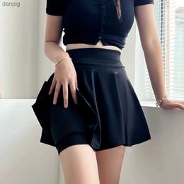 Skirts Summer Womens Basic Skirt Fashion Casual Mini Elastic Pleated Skirt Lined Shorts Girl Uniform Safety Pants Skirt Long 38CM Y240508