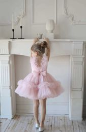 Christening dresses Light pink sheer sleeveless flower girl wedding dress used for knees long bows cute princesses baby communion baptismal party ball Q240507