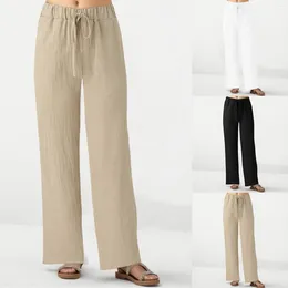Women's Pants Loose Pocket Cotton Linen Female Casual Solid Wide Leg Bandage Leggings Summer Work Straight Trousers