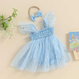 Girl's Dresses Baby girl summer tight fitting suit with blue flying sleeves sequined star mesh jumpsuit and headbandL2405