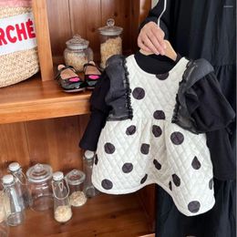 Clothing Sets Korean Style Autumn Winter Baby Girls Dresses White Dotted Black Lacy Border Sleeveless Vests Waistcoats Casual