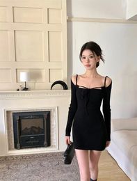 Casual Dresses Black Lace-up Suspender Long-sleeved Knitted Dress Women's Autumn And Winter Pure Sexy Tight Fitting Hip Wrapped Short