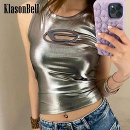 Women's Tanks 4.8 KlasonBell Fashion Letter Embroidery Hollow Out Camis Fit Women Bright Silver O-Neck Sleeveless All-match Short Tank Top