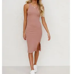 Casual Dresses Sexy Sheath Summer Crew Neck Sleeveless Side Split Midi Women Dress