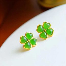 Stud Trendy 925 sterling silver earrings suitable for women sparkling Jewellery jade clover female earring accessories Q240507