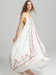 Casual Dresses KHALEE YOSE Boho Floral Embroidery Maxi Dresse Cotton White Sleeveless Vocation Hippie Vintage Chic Beach Ladies