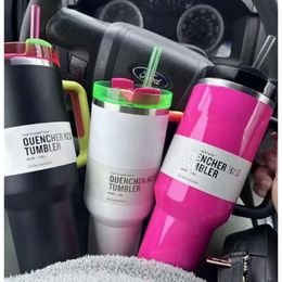 DHL 40 Oz Electric Neon White Black Yellow Green Mug 40Oz QUENCHER H2.0 Stainl Steel Tumbler Cup With Silicone Handle Lid And Straw Pink Water Bottl 0507