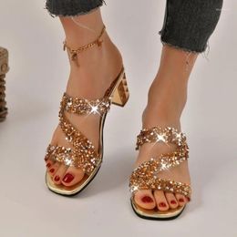 Casual Shoes Bling Pearl Sequins Rhinestone Women Slippers Crystal Metal Heel Slides 2024 Summer Hollow Open Toe Gold Silver